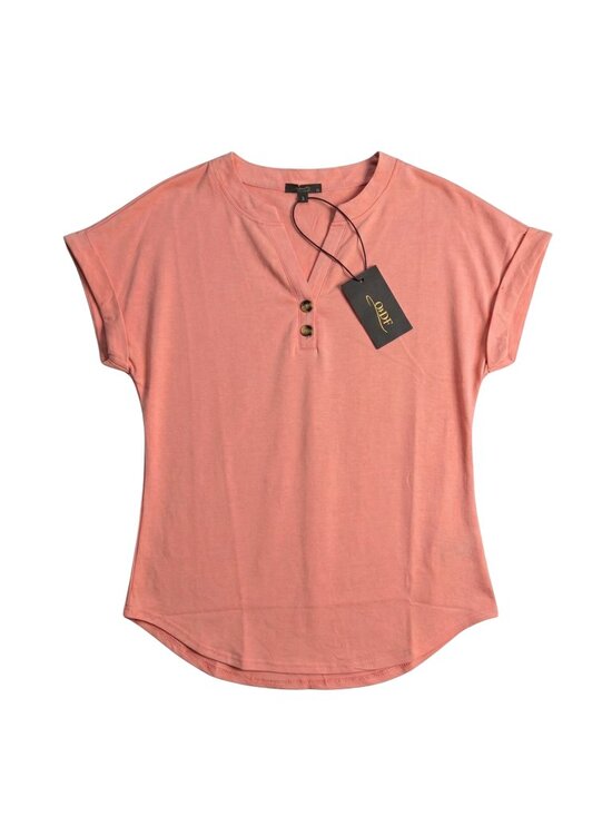 Ofeefan Tops - NWT | Coral Peach Split Neck Henley Button Accent Rolled Sleeve Top | Medium